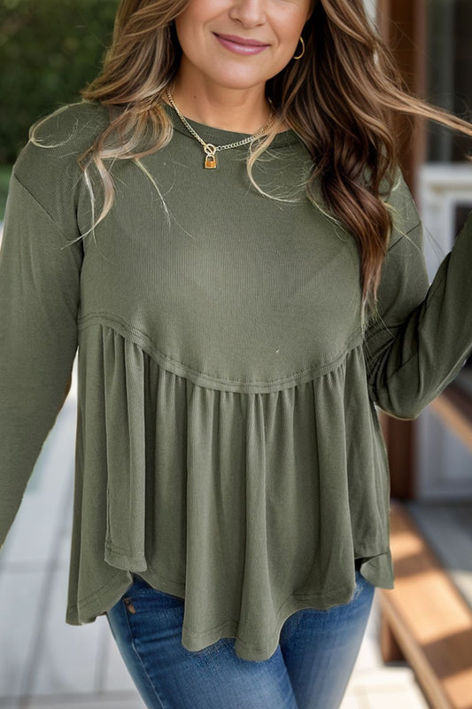 Peplum Round Neck Long Sleeve Blouse