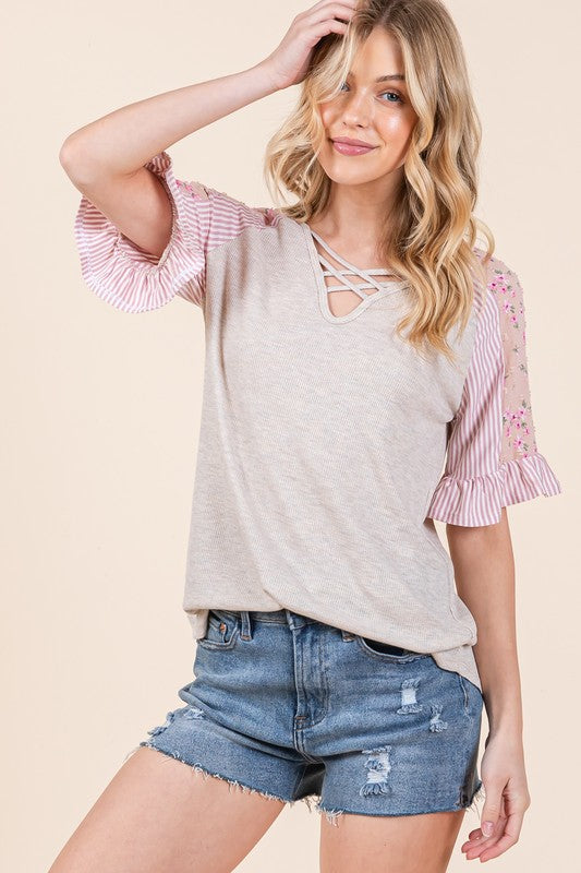 Front Cross Detail Ruffle Sleeve Top