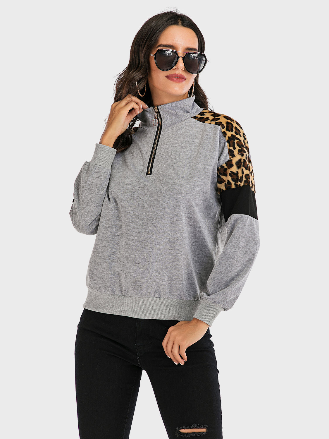 Contrast Leopard Half Zip Long Sleeve Sweatshirt