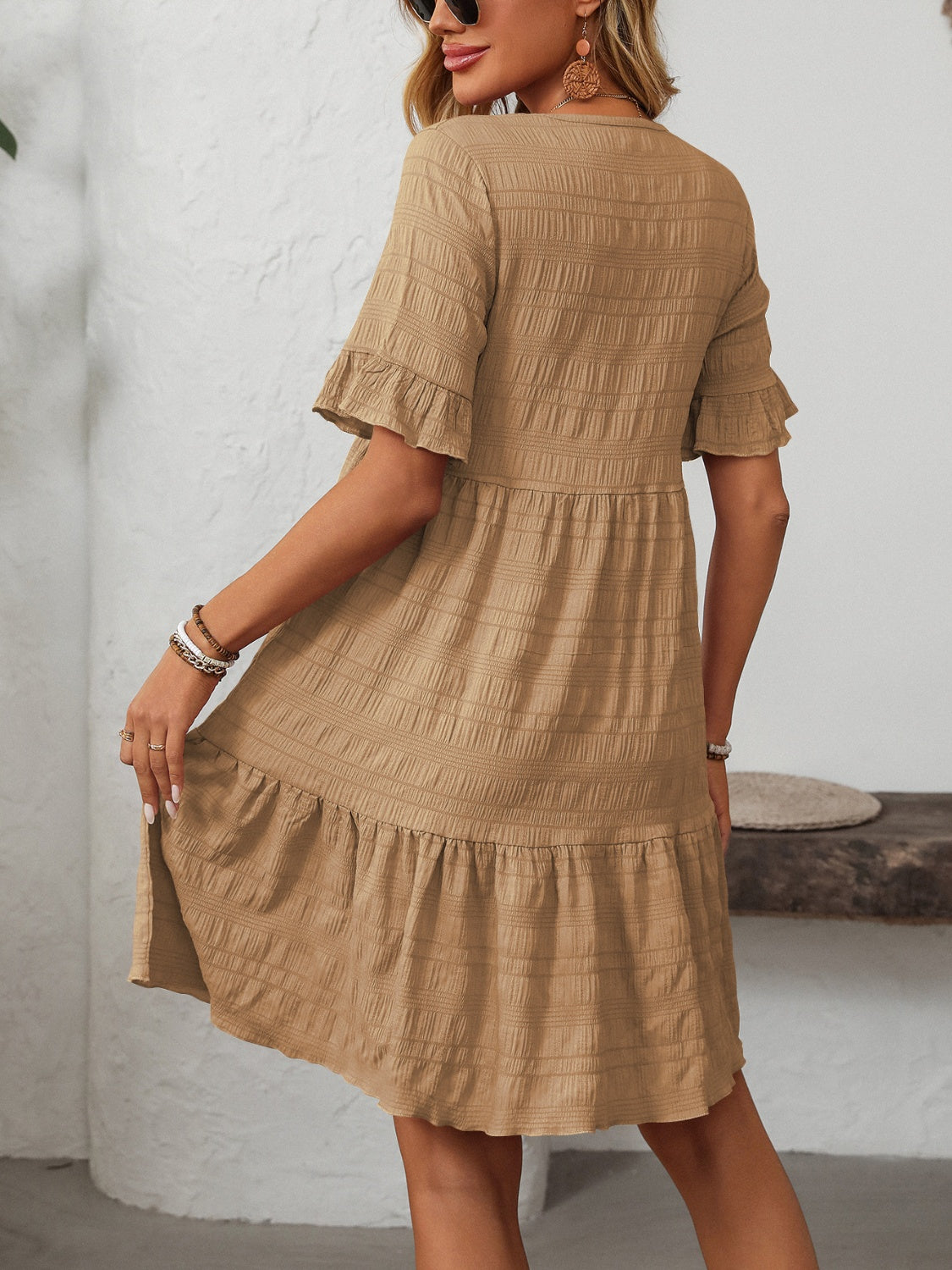 Ruffled Ruched Round Neck Half Sleeve Dress