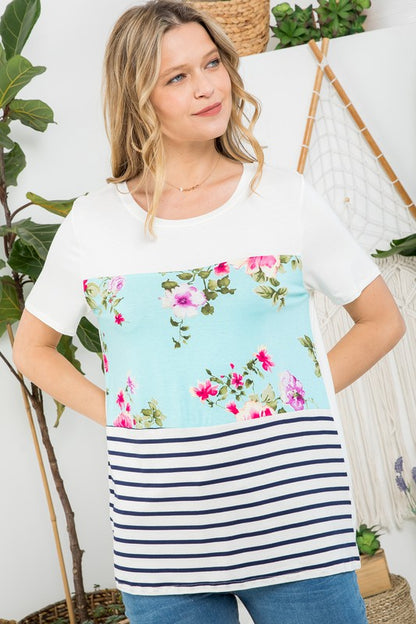 PLUS FLORAL STRIPE MIXED TOP