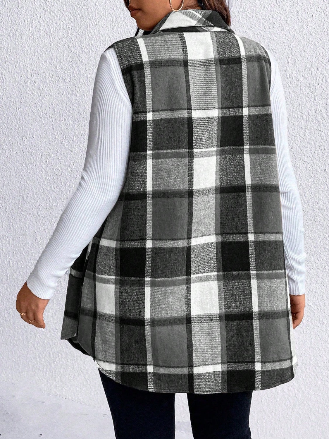 Plus Size Pocketed Plaid Button Up Vest Coat