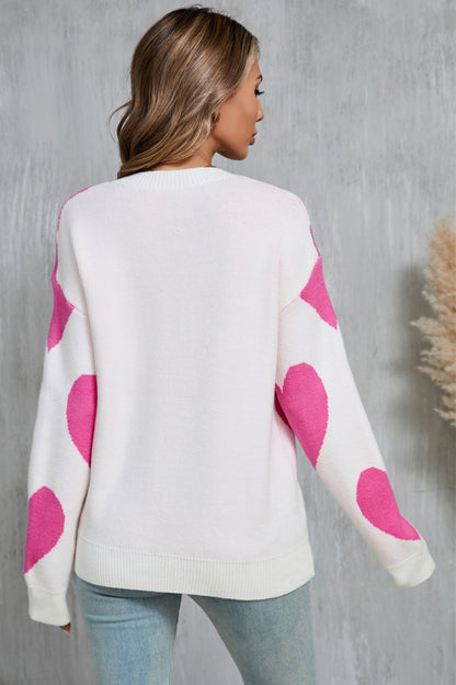 Contrast Heart Dropped Shoulder Long Sleeve Sweater