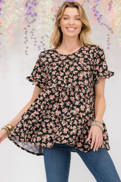 Floral Ruffled Short Sleeve Blouse