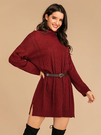 Slit Turtleneck Long Sleeve Mini Sweater Dress