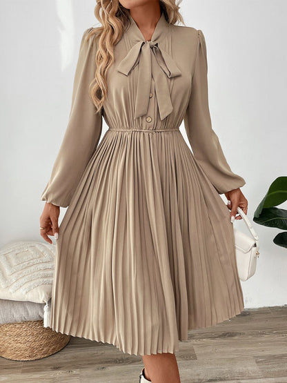 Pleated Tie Neck Long Sleeve Dress