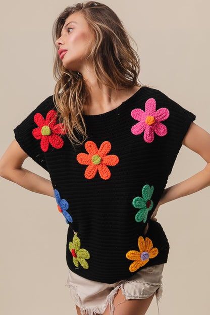 Flower Round Neck Cap Sleeve Knit Top