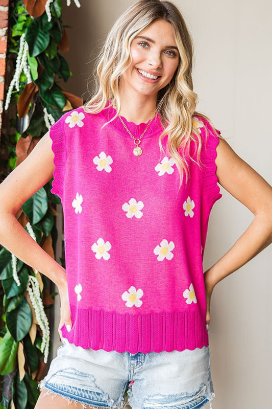 Flower Pattern Round Neck Sweater Vest