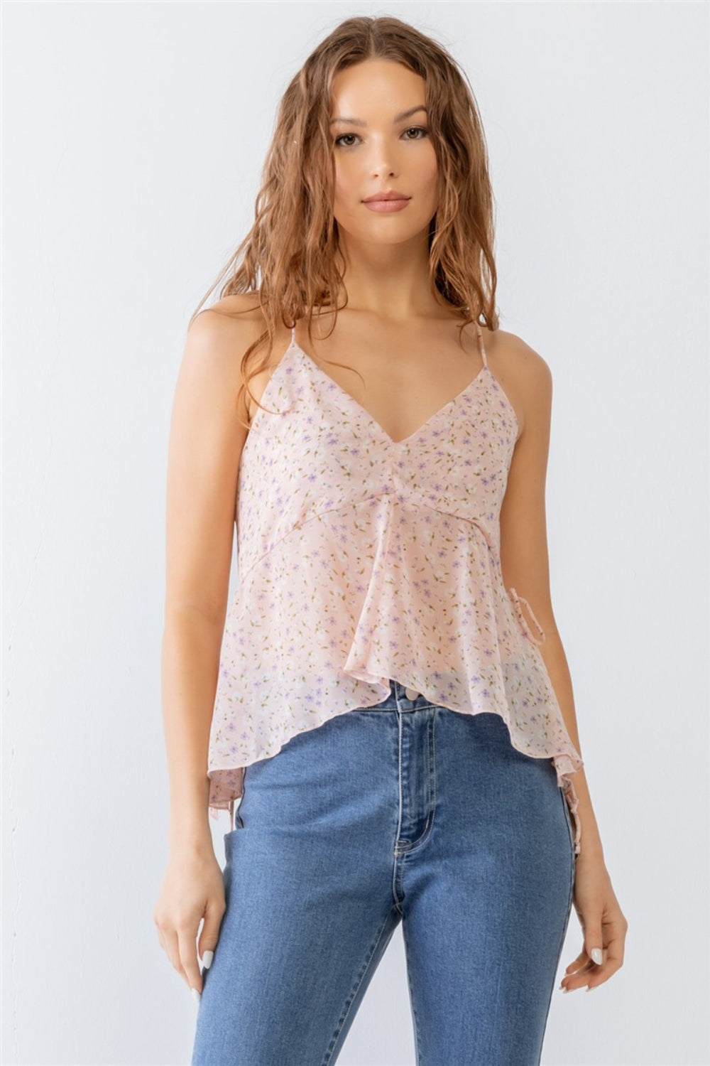 Floral Print V-Neck Criss-Cross Back Flare Cami