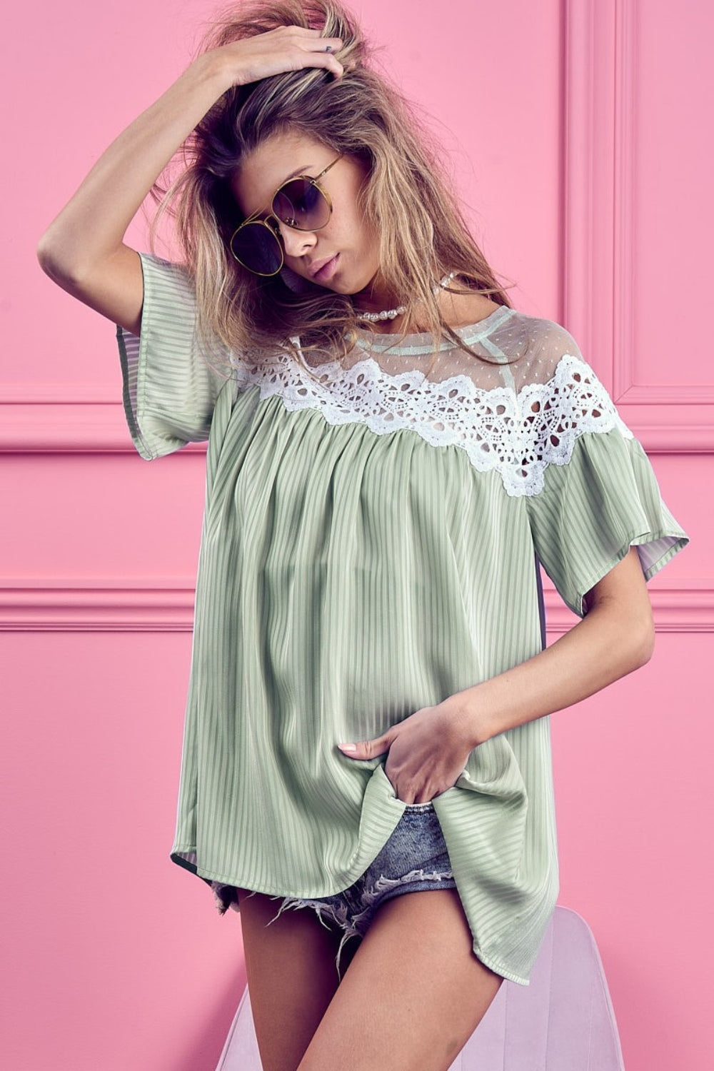 Lace Detail Short Sleeve Striped Blouse