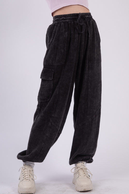 Washed Woven Crinkle Gauze Drawstring Pants