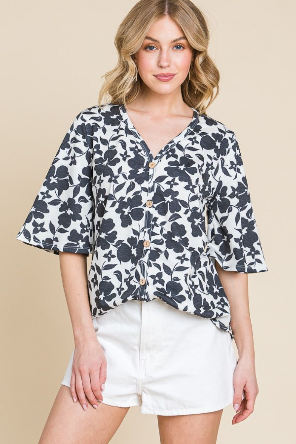 Floral Decorative Button V-Neck Top