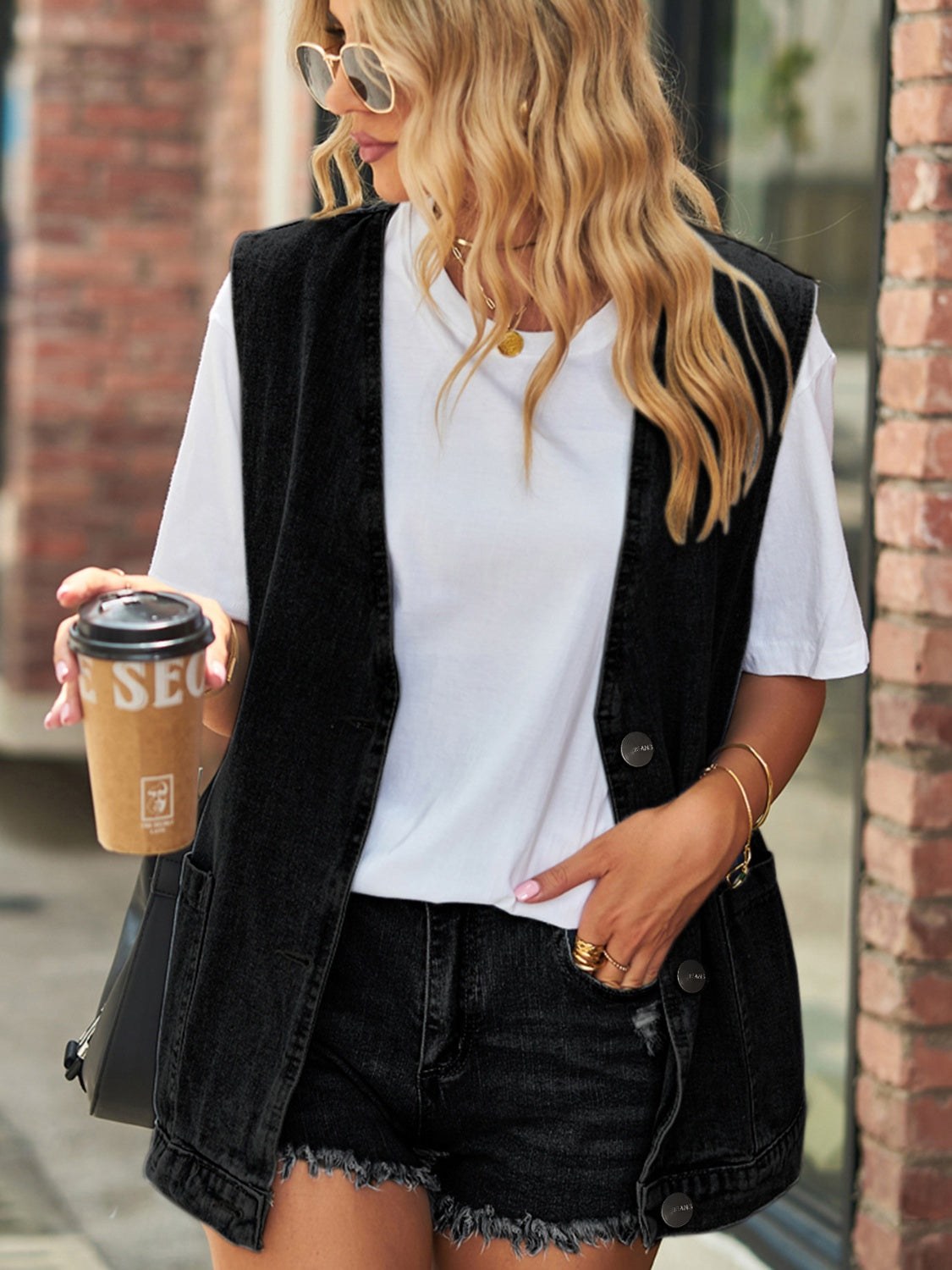 V-Neck Button Up Denim Vest