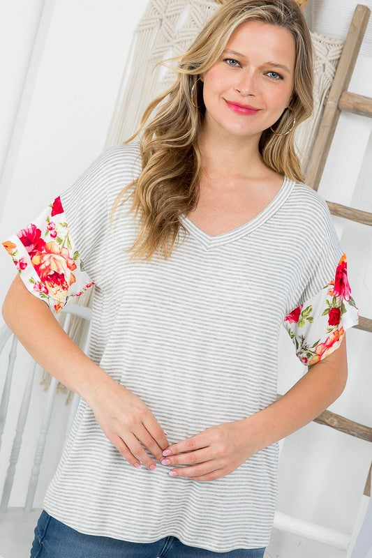 PLUS STRIPE FLORAL MIXED BOXY TOP