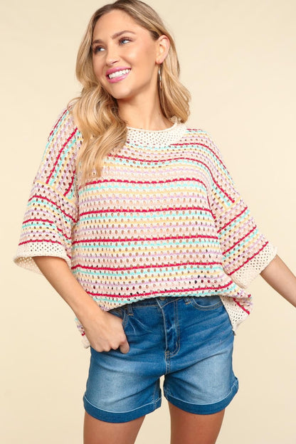 Striped Crochet Drop Shoulder Knit Top