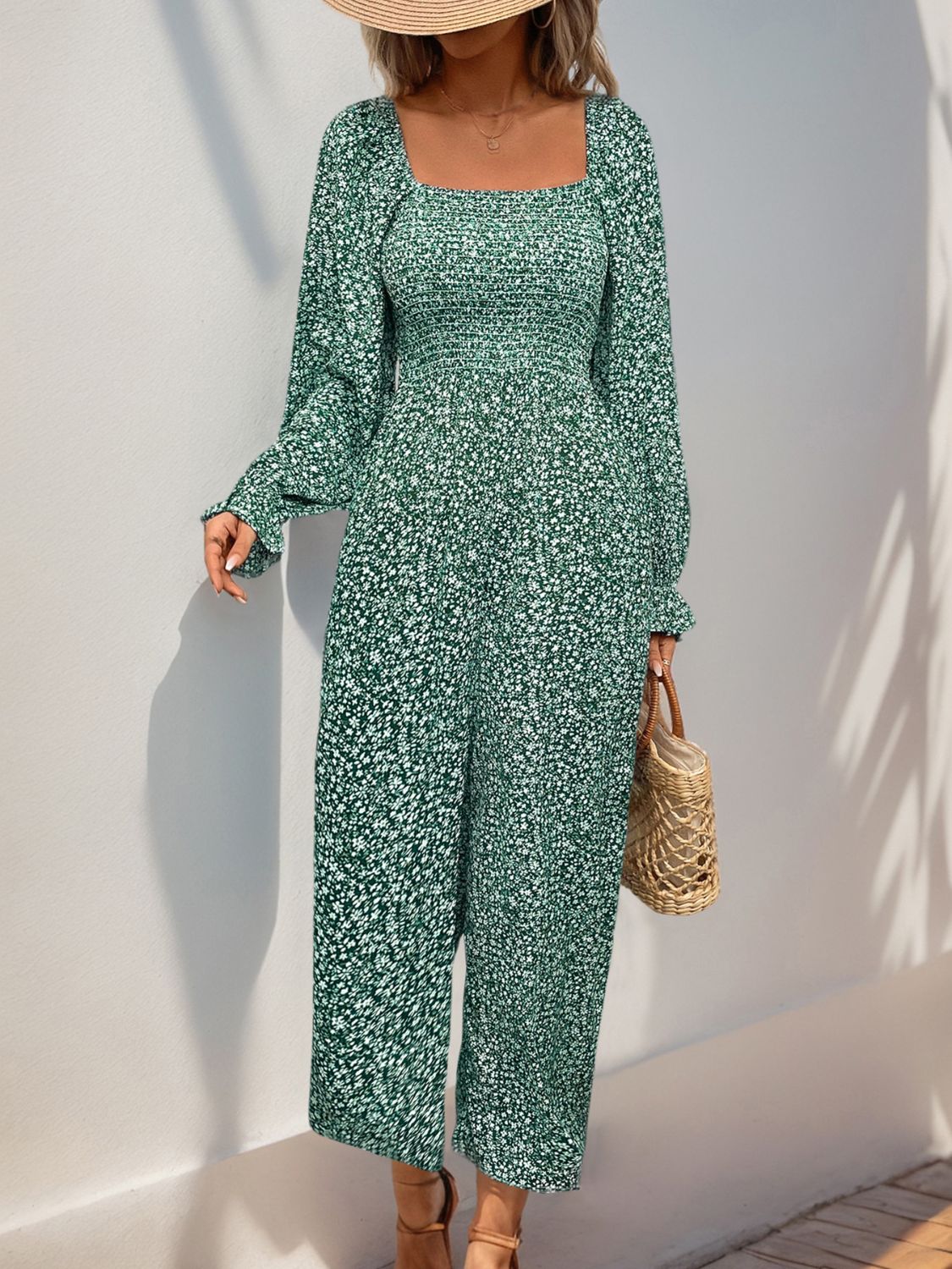 Smocked Printed Long Sleeve Wide Leg Jumpsuit