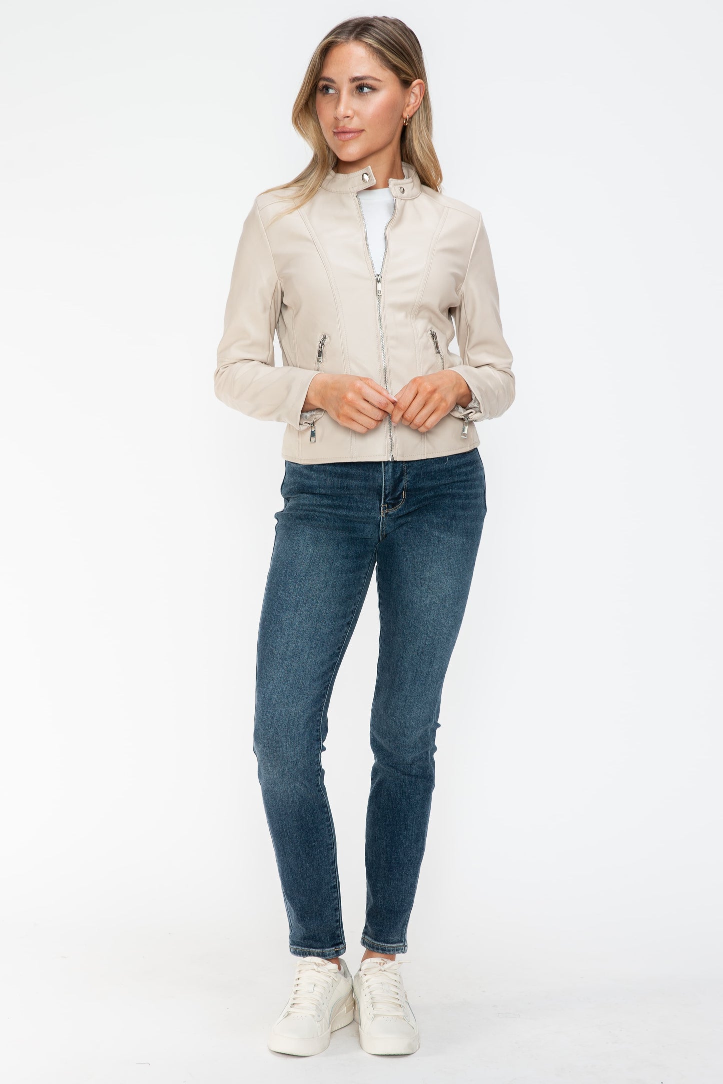 PU Leather Zip Up Jacket with Pockets