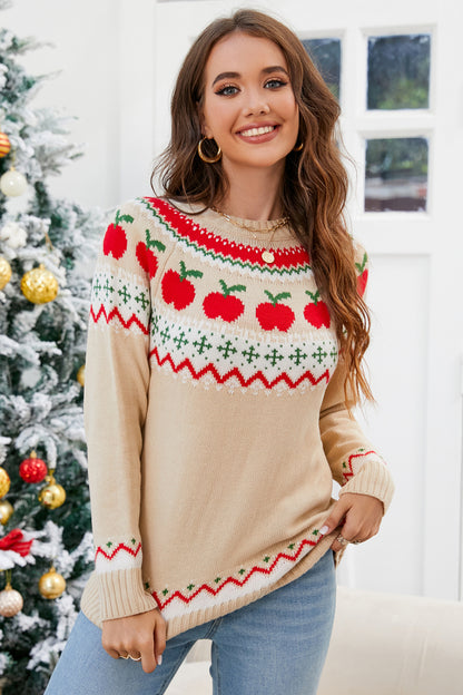 Graphic Round Neck Long Sleeve Sweater