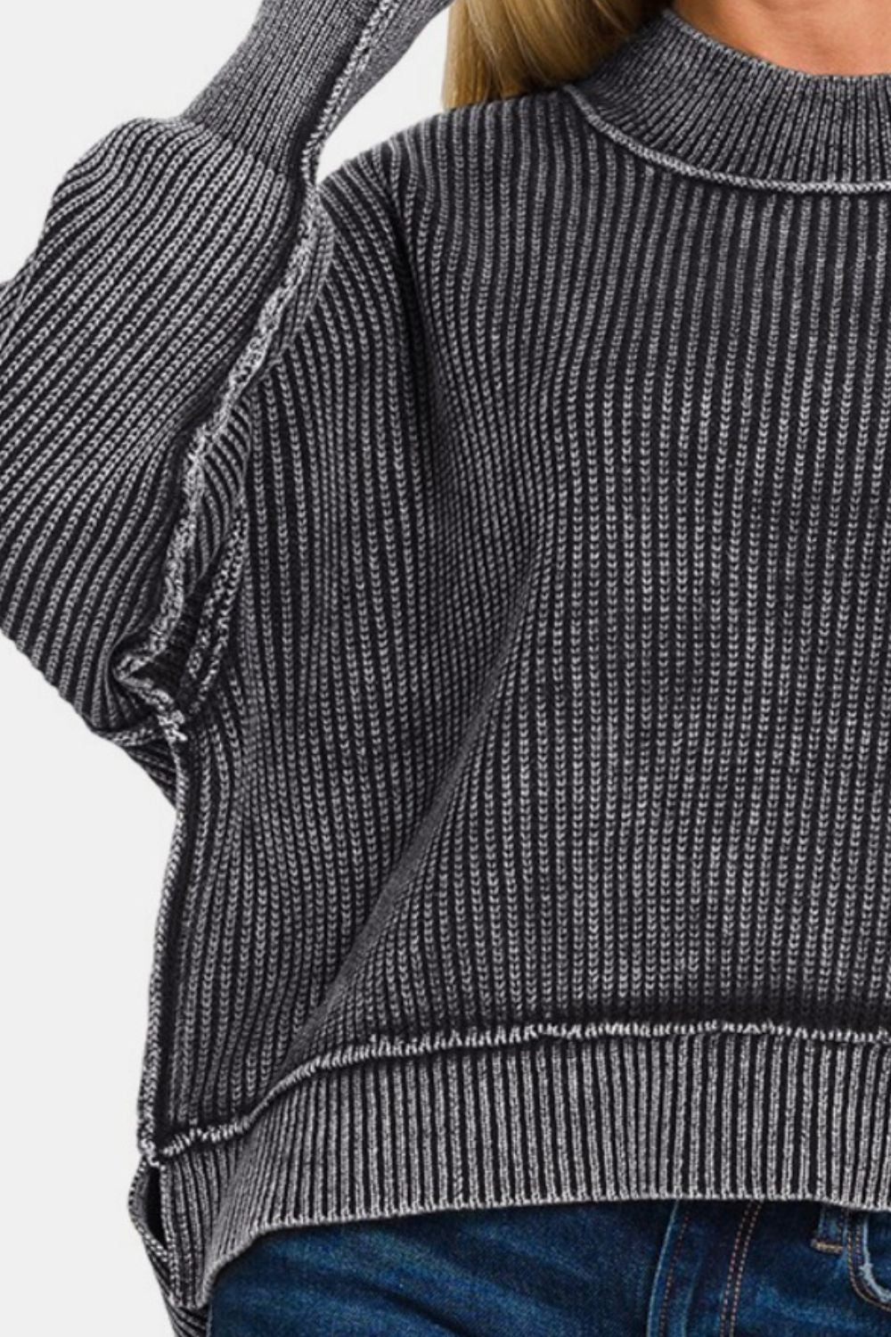 Exposed Seam Round Neck Dropped Shoulder Sweater