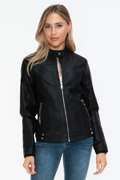 Faux Leather Biker Jacket with Side Zip Pockets