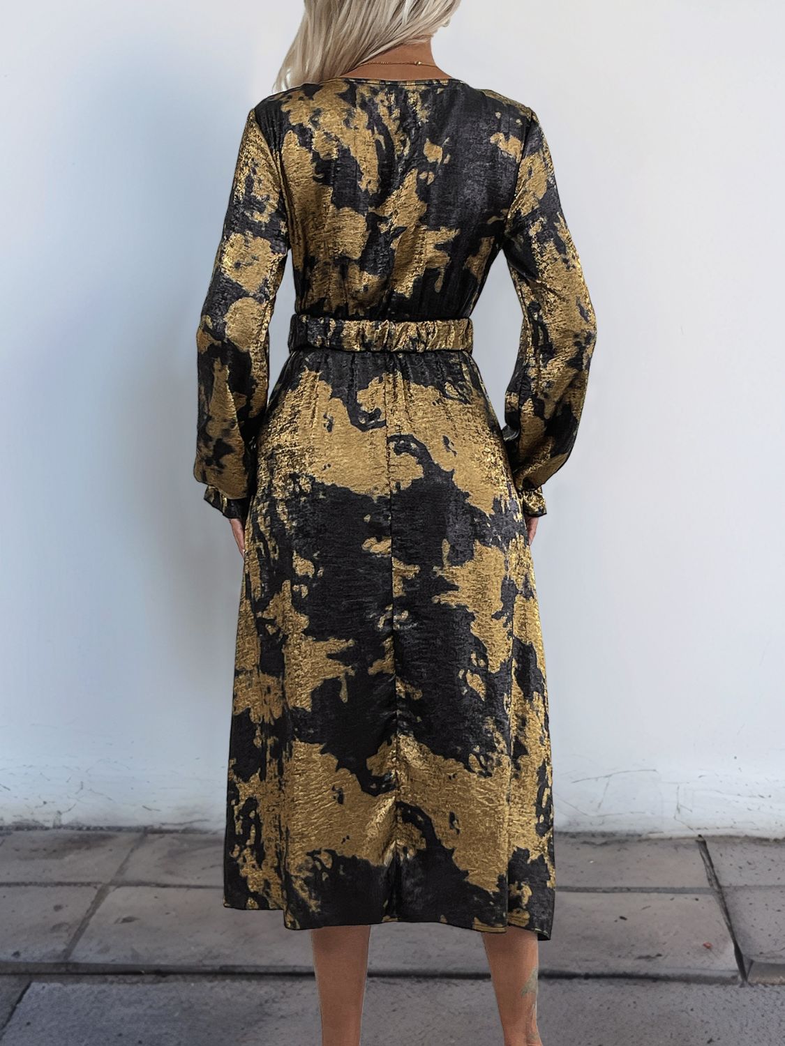 Printed Surplice Long Sleeve Midi Dress