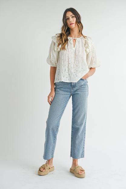 Eyelet Lace Ruffle Shoulder Puff Sleeve Blouse