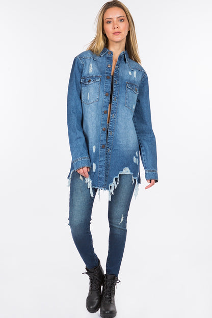 Distressed Frayed Hem Denim Jacket