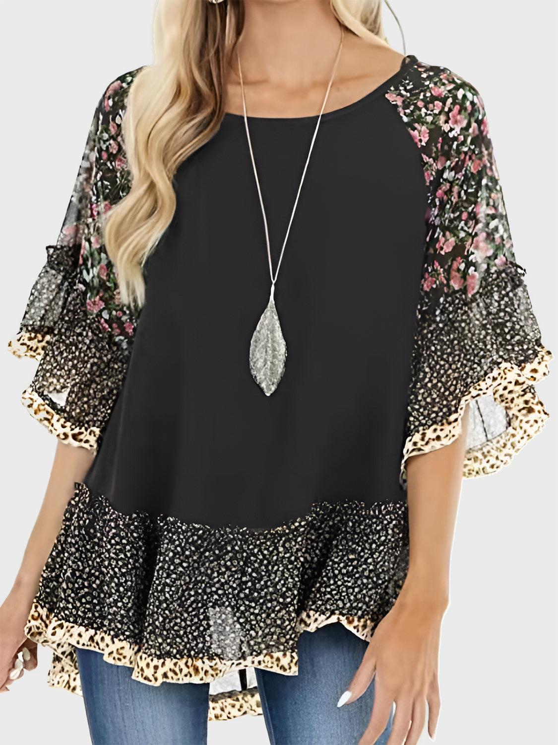 Frill Printed Round Neck Half Sleeve Blouse