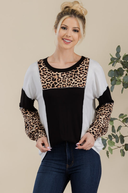 Leopard Color Block Exposed Seam T-Shirt