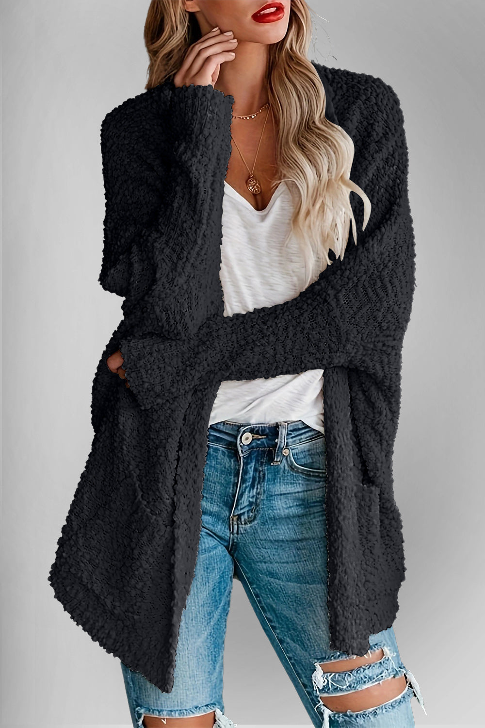 Pocketed Open Front Long Sleeve Cardigan