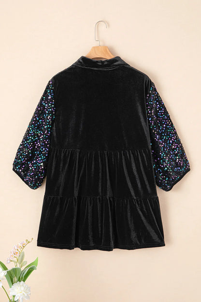 Sequin Collared Neck Three-Quarter Sleeve Oversize Shirt