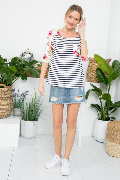 FLORAL STRIPE MIXED BASEBALL TOP