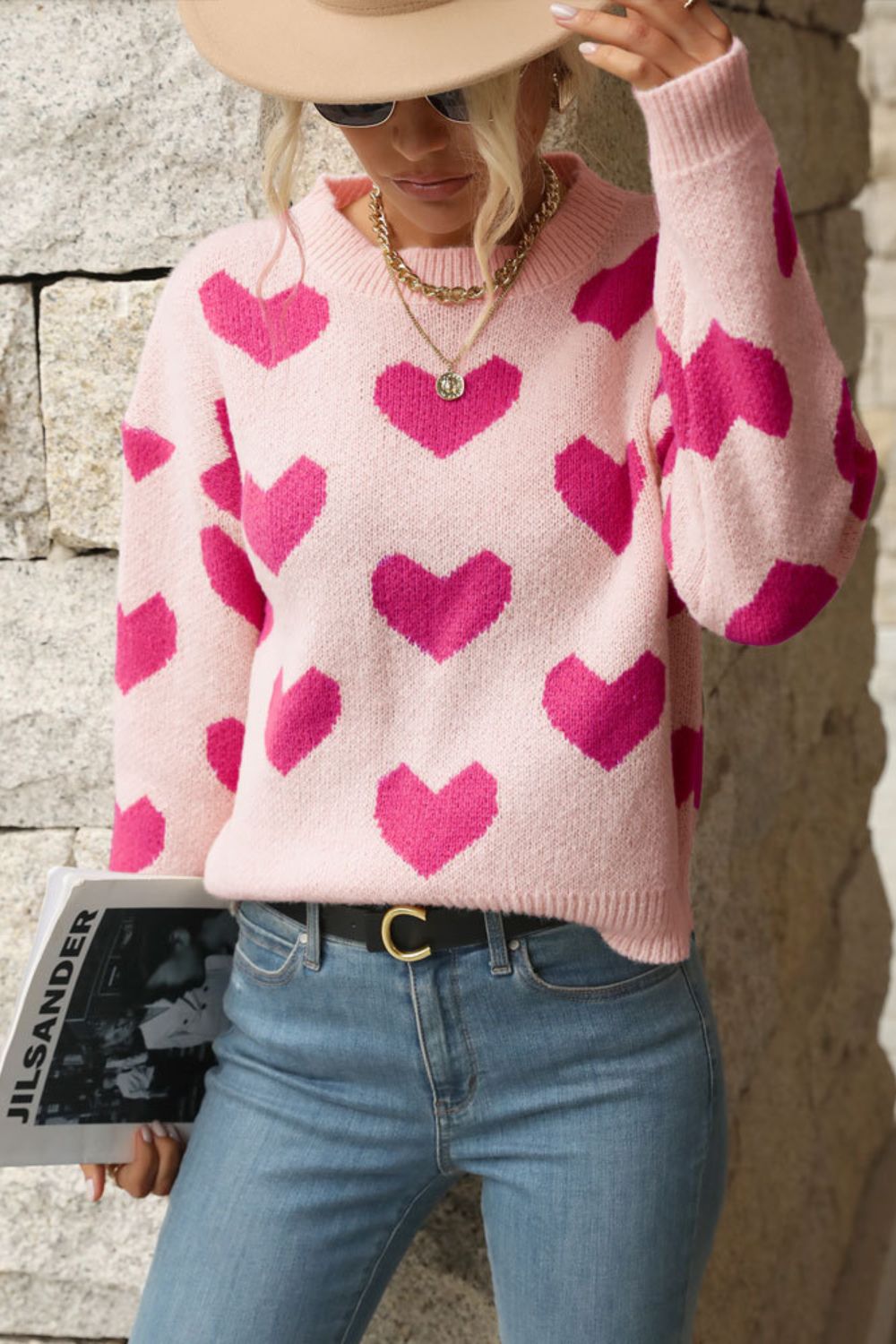 Heart Pattern Dropped Shoulder Sweater