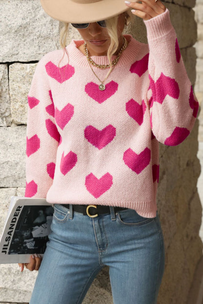 Heart Pattern Dropped Shoulder Sweater