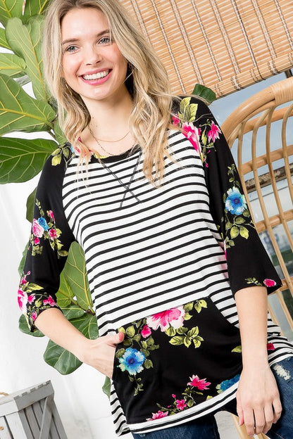 FLORAL STRIPE MIXED SWEATSHIRTS TOP