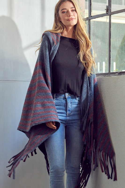 STRIPE PATTERN HOODED PONCHO