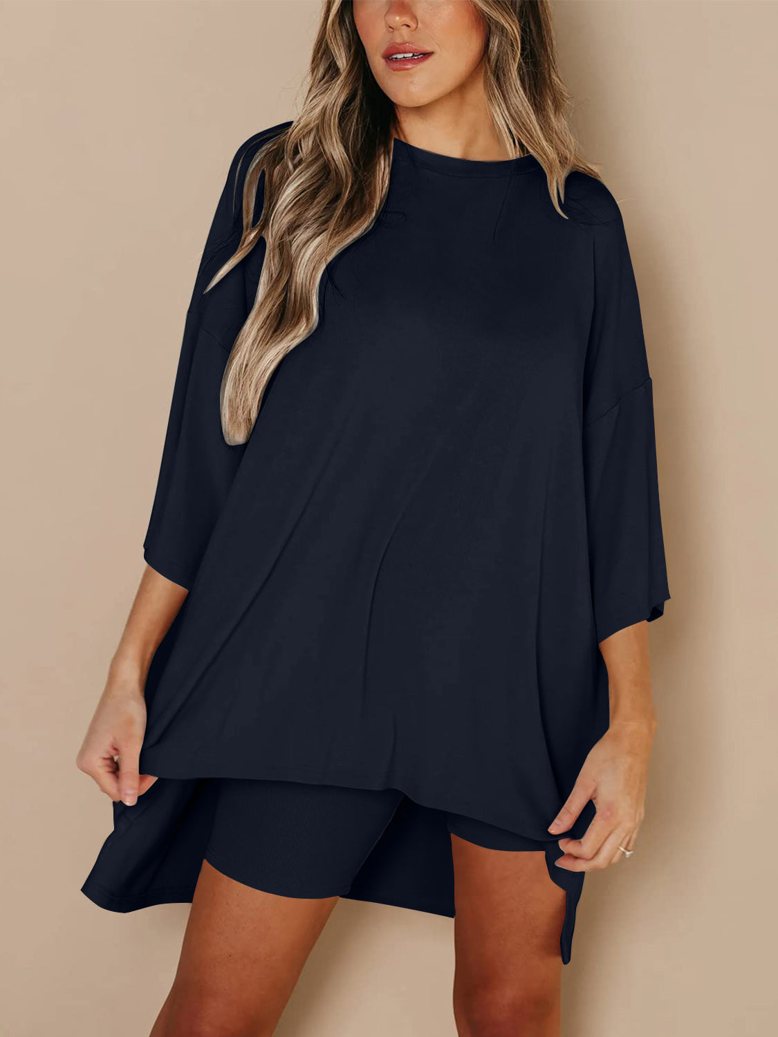 Round Neck Top and Skinny Shorts Set