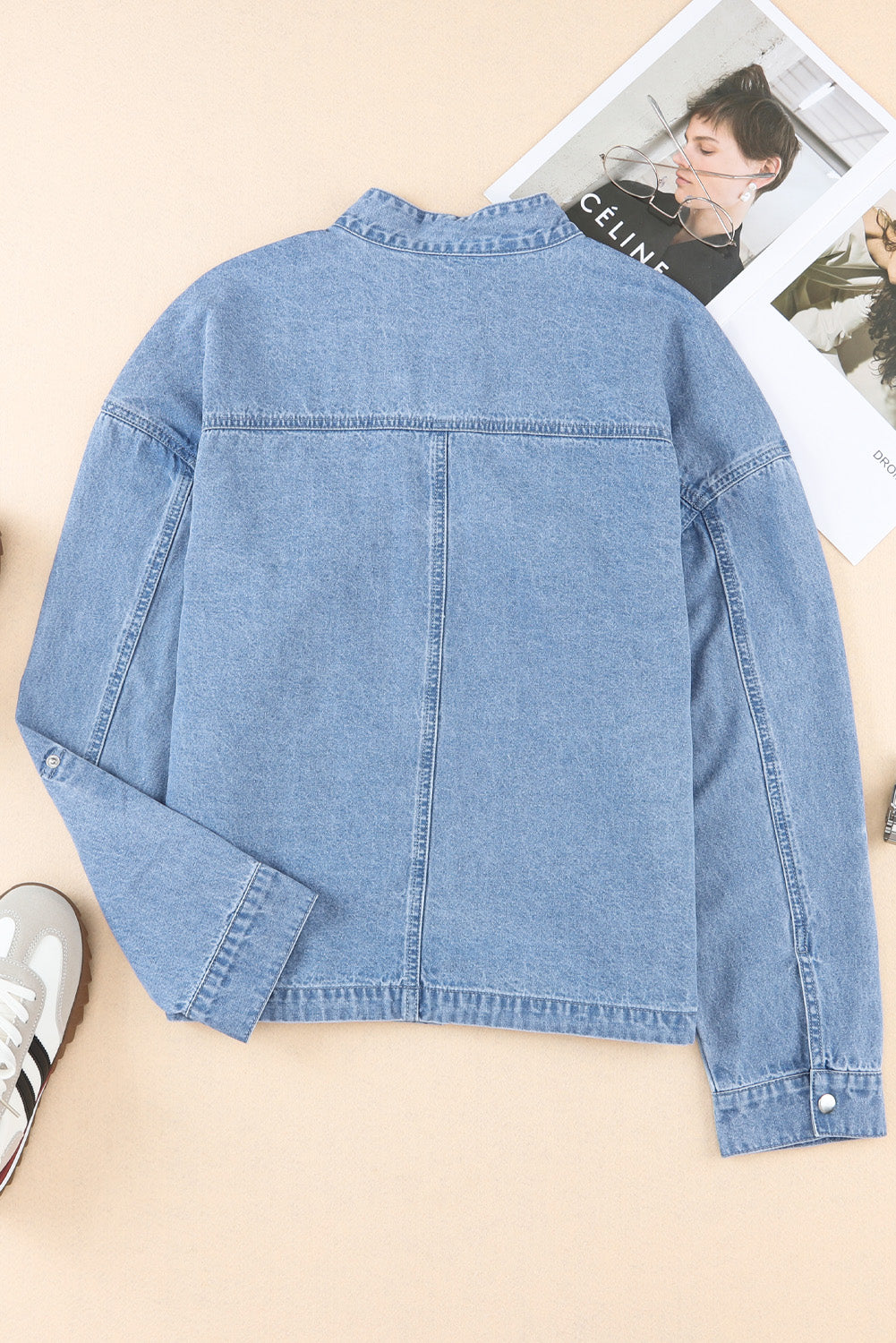 Drawstring Snap Down Denim Jacket with Chest Pockets