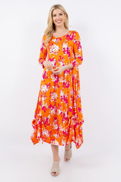 Pick-Up Hem Asymmetric Floral Midi Dress