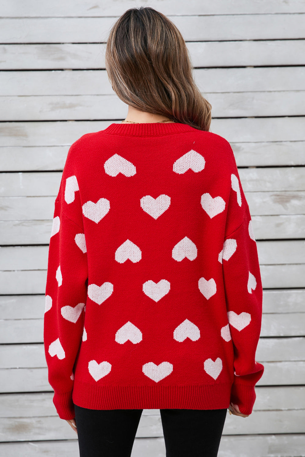 Heart Round Neck Long Sleeve Sweater