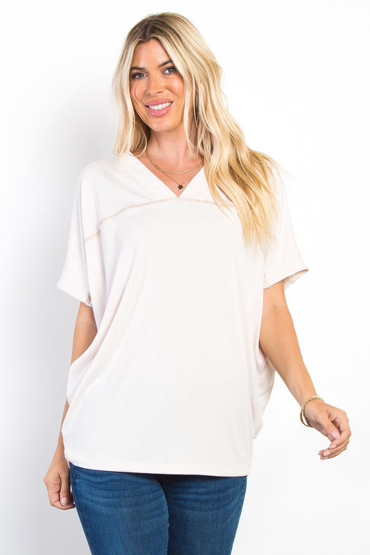 V-Neck Short Sleeve Ribbed Top