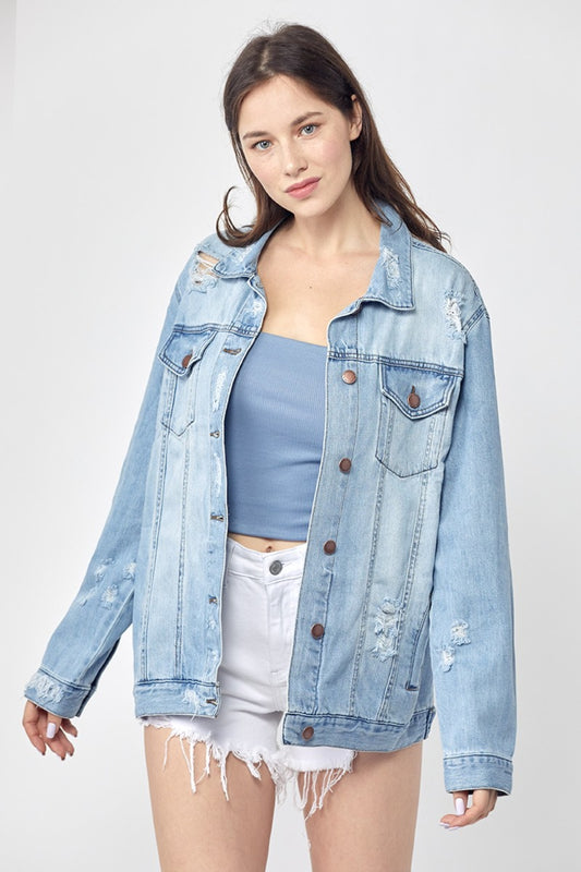 RISEN Distressed Long Sleeve Denim Jacket