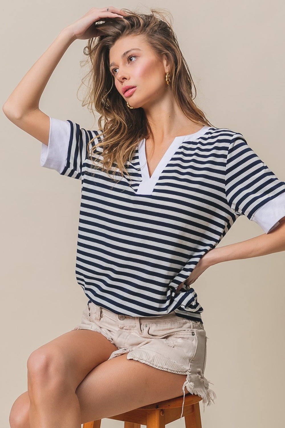 Contrast Striped Notched Knit Top