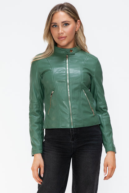 Faux Leather Zip Up Drawstring Hooded Jacket