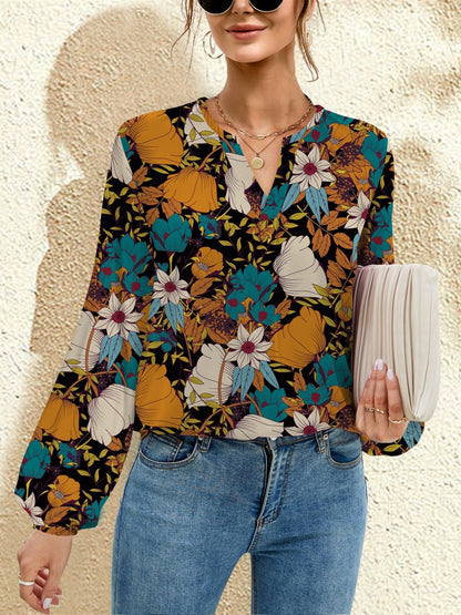 Printed Notched Long Sleeve Blouse