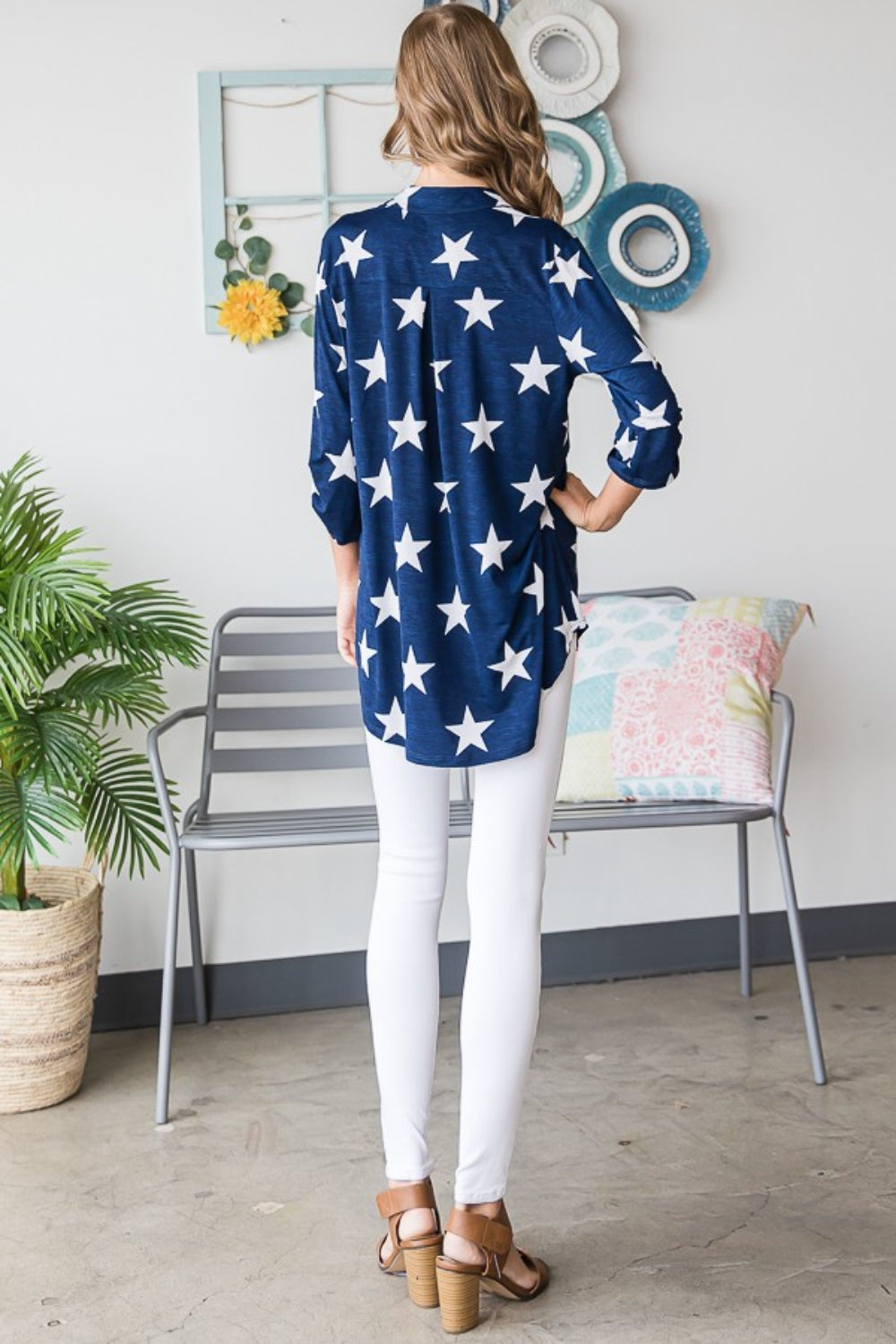 Roll-Tab Sleeve Star Print Top