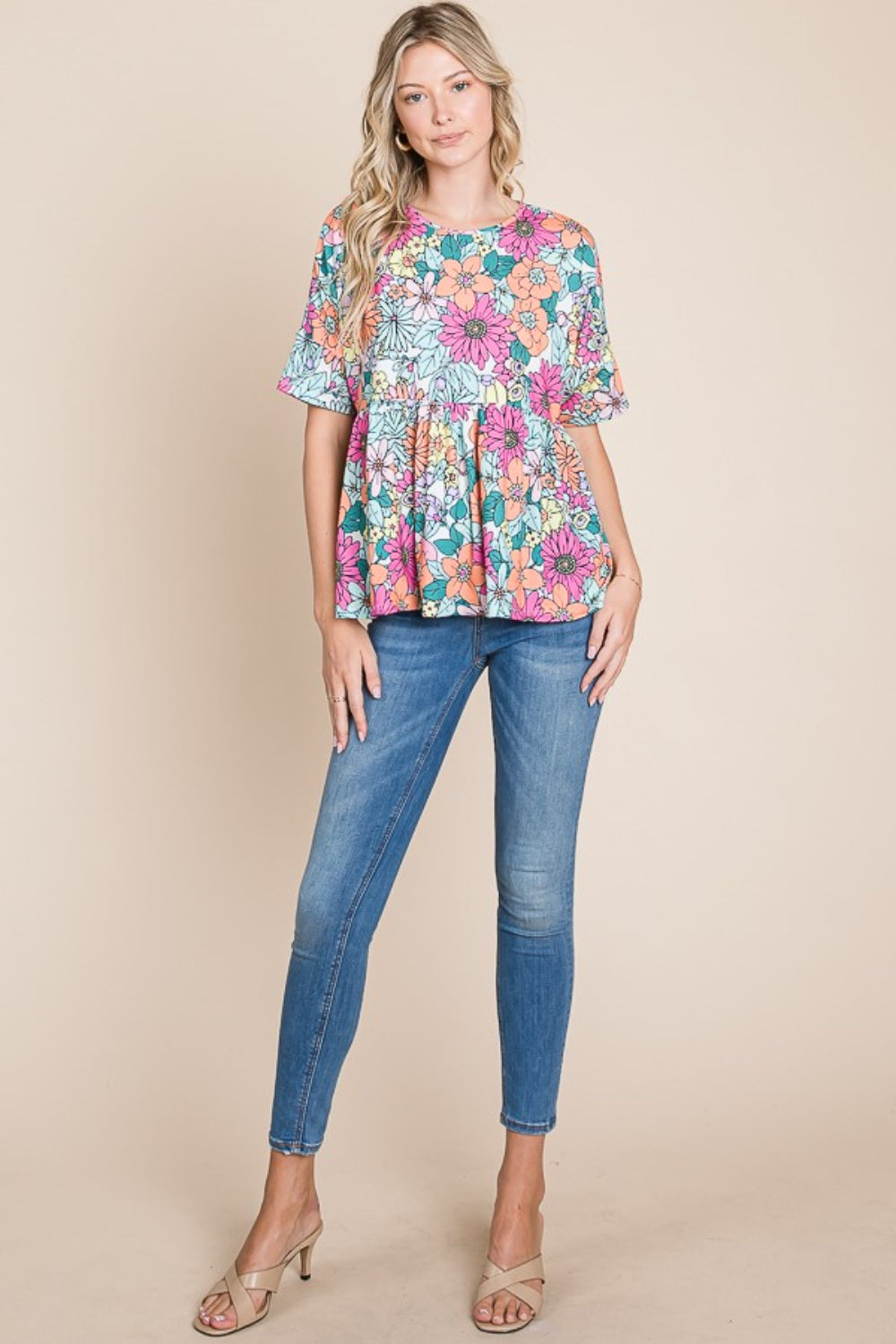 Floral Round Neck Short Sleeve Blouse