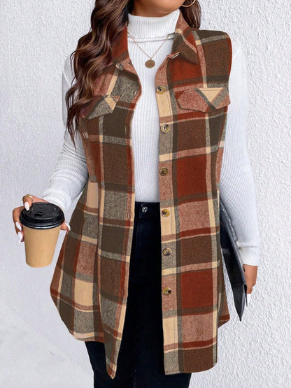 Plus Size Pocketed Plaid Button Up Vest Coat