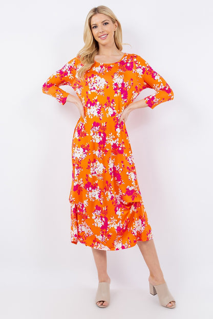 Pick-Up Hem Asymmetric Floral Midi Dress