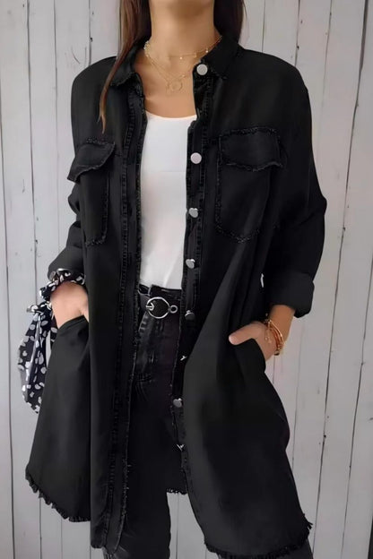 Raw Hem Button Up Long Sleeve Denim Top